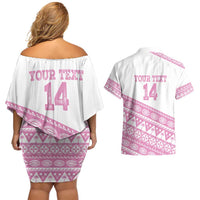 Fiji Rugby 2025 Custom Couples Matching Off Shoulder Short Dress and Hawaiian Shirt Fijian Tapa Toso Viti Toso - Pink LT14 - Polynesian Pride