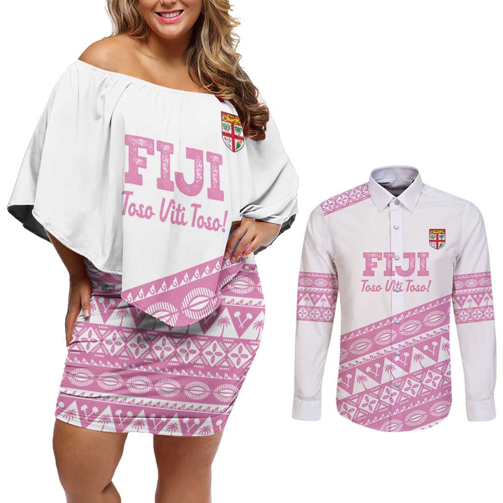 Fiji Rugby 2025 Custom Couples Matching Off Shoulder Short Dress and Long Sleeve Button Shirt Fijian Tapa Toso Viti Toso - Pink LT14 Pink - Polynesian Pride