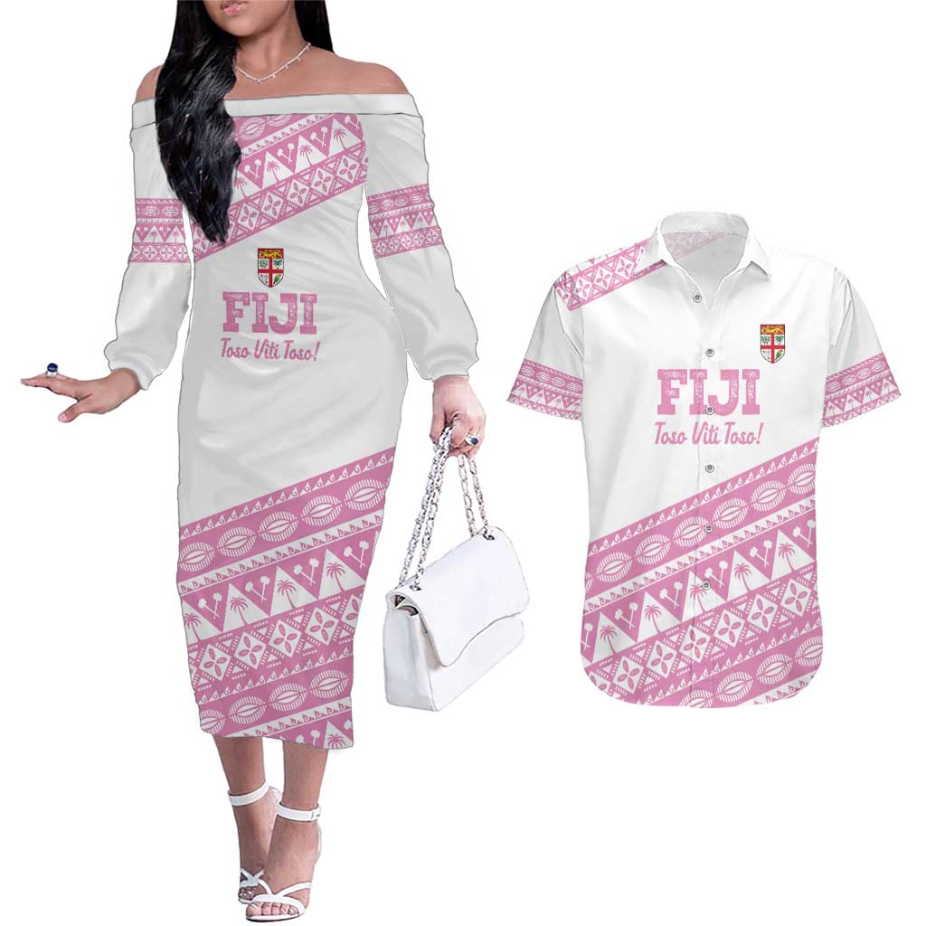 Fiji Rugby 2025 Custom Couples Matching Off The Shoulder Long Sleeve Dress and Hawaiian Shirt Fijian Tapa Toso Viti Toso - Pink LT14 Pink - Polynesian Pride