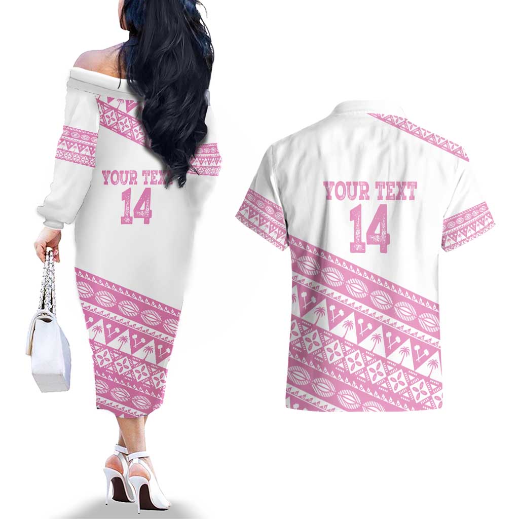 Fiji Rugby 2025 Custom Couples Matching Off The Shoulder Long Sleeve Dress and Hawaiian Shirt Fijian Tapa Toso Viti Toso - Pink LT14 - Polynesian Pride