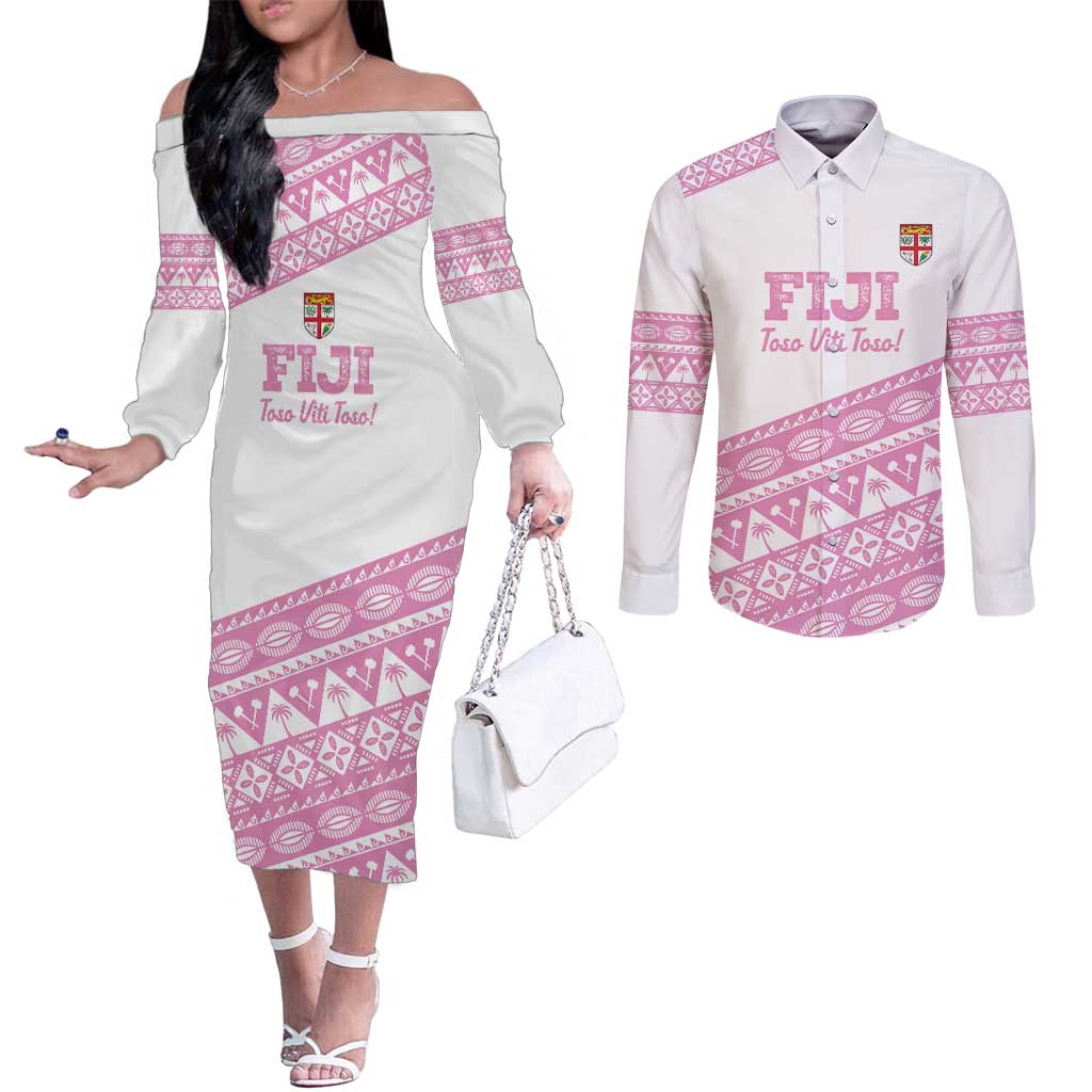 Fiji Rugby 2025 Custom Couples Matching Off The Shoulder Long Sleeve Dress and Long Sleeve Button Shirt Fijian Tapa Toso Viti Toso - Pink LT14 Pink - Polynesian Pride
