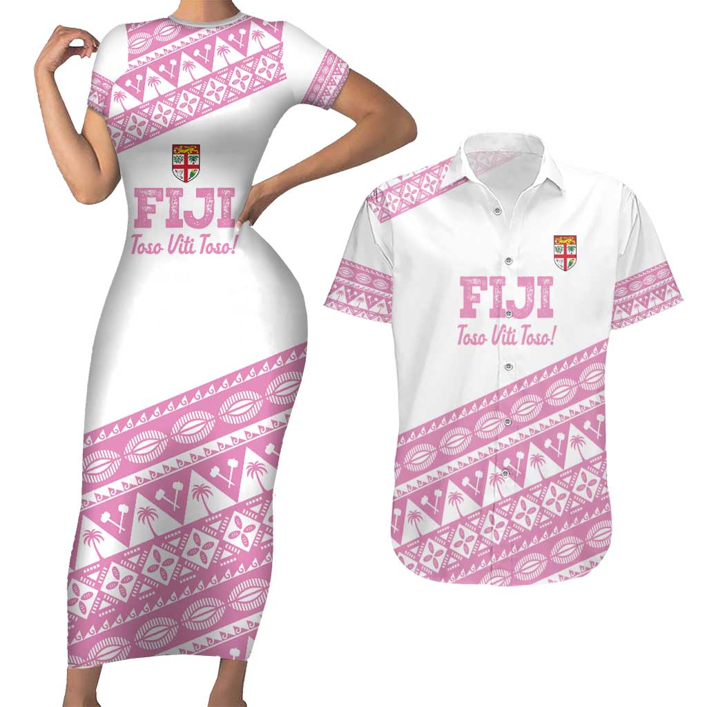 Fiji Rugby 2025 Custom Couples Matching Short Sleeve Bodycon Dress and Hawaiian Shirt Fijian Tapa Toso Viti Toso - Pink LT14 Pink - Polynesian Pride