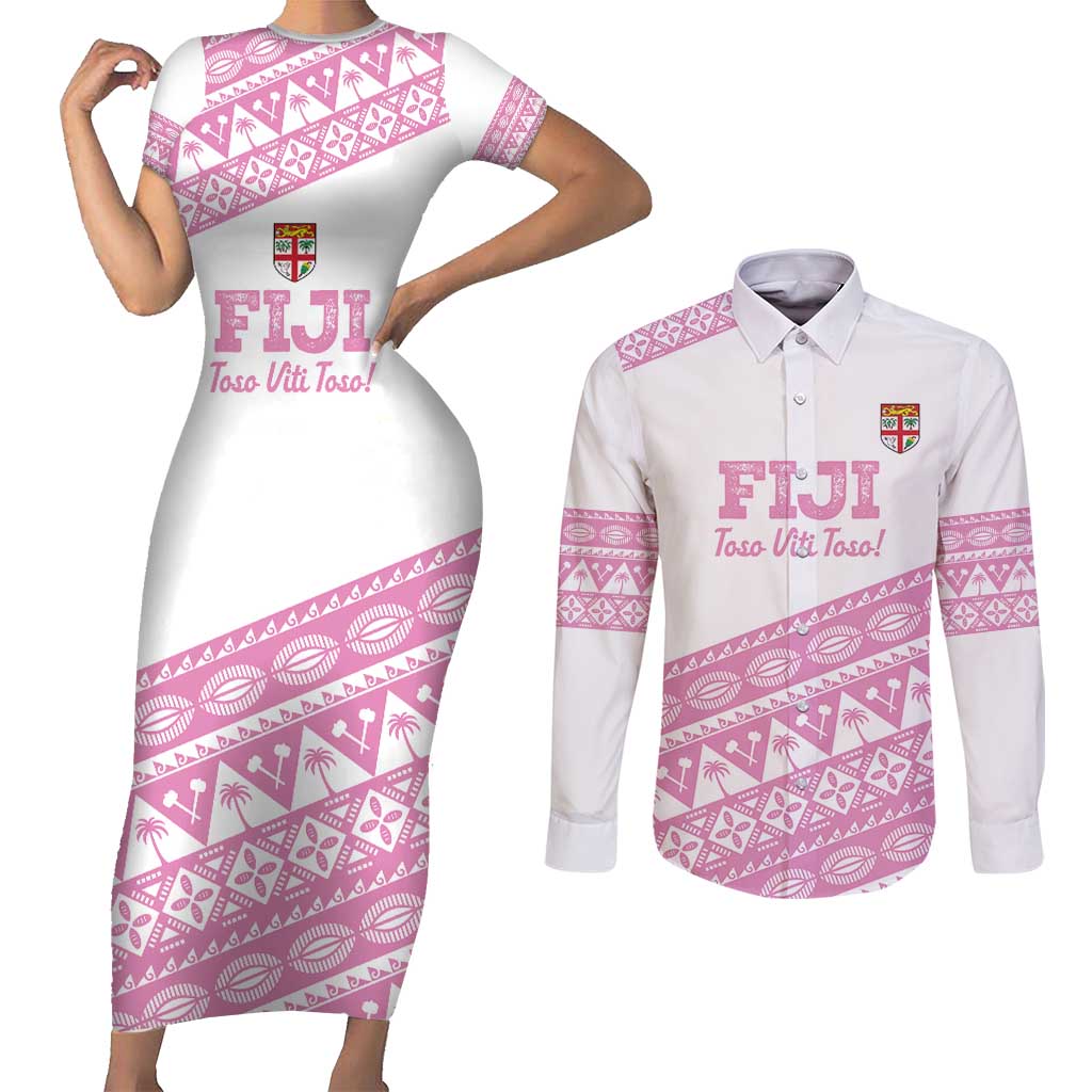 Fiji Rugby 2025 Custom Couples Matching Short Sleeve Bodycon Dress and Long Sleeve Button Shirt Fijian Tapa Toso Viti Toso - Pink LT14 Pink - Polynesian Pride