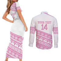 Fiji Rugby 2025 Custom Couples Matching Short Sleeve Bodycon Dress and Long Sleeve Button Shirt Fijian Tapa Toso Viti Toso - Pink LT14 - Polynesian Pride