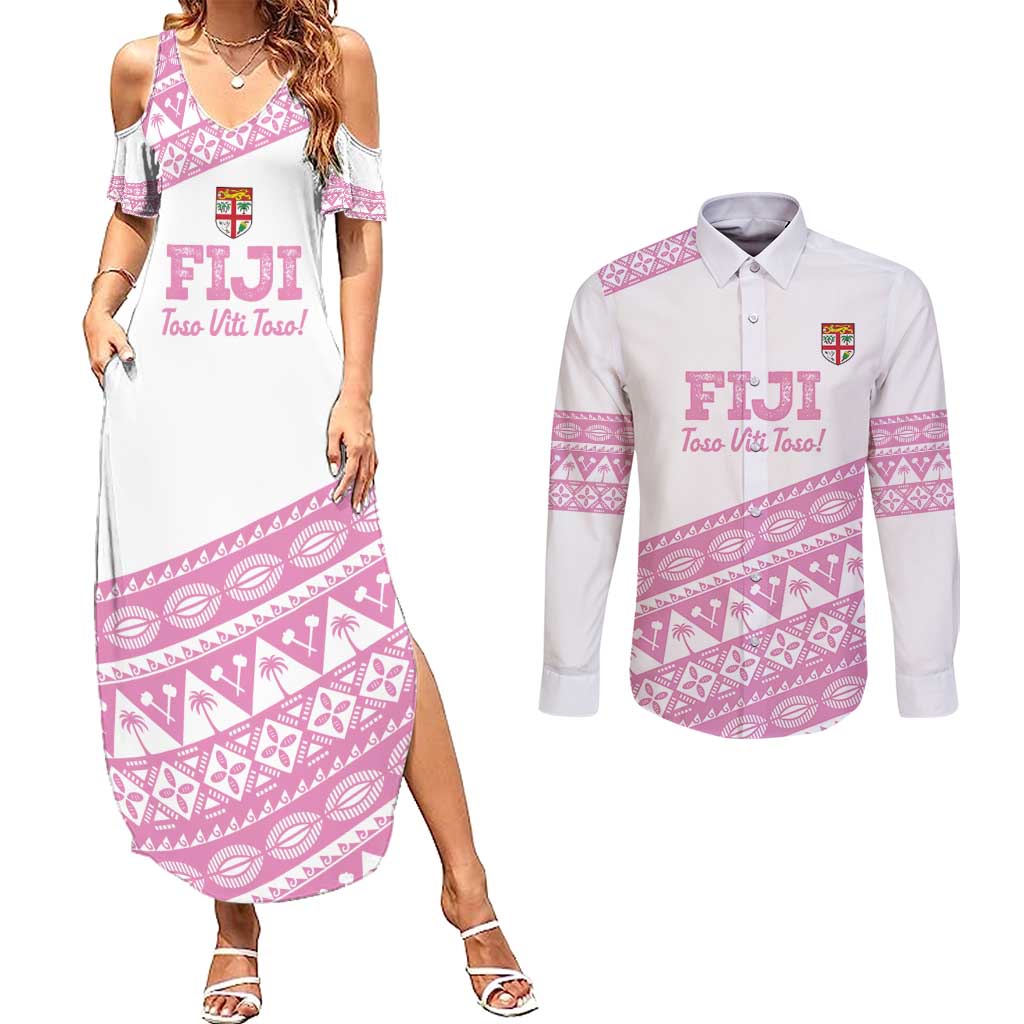 Fiji Rugby 2025 Custom Couples Matching Summer Maxi Dress and Long Sleeve Button Shirt Fijian Tapa Toso Viti Toso - Pink LT14 Pink - Polynesian Pride