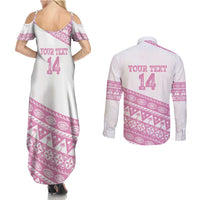 Fiji Rugby 2025 Custom Couples Matching Summer Maxi Dress and Long Sleeve Button Shirt Fijian Tapa Toso Viti Toso - Pink LT14 - Polynesian Pride