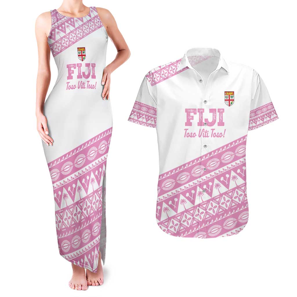 Fiji Rugby 2025 Custom Couples Matching Tank Maxi Dress and Hawaiian Shirt Fijian Tapa Toso Viti Toso - Pink LT14 Pink - Polynesian Pride