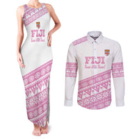 Fiji Rugby 2025 Custom Couples Matching Tank Maxi Dress and Long Sleeve Button Shirt Fijian Tapa Toso Viti Toso - Pink LT14 Pink - Polynesian Pride