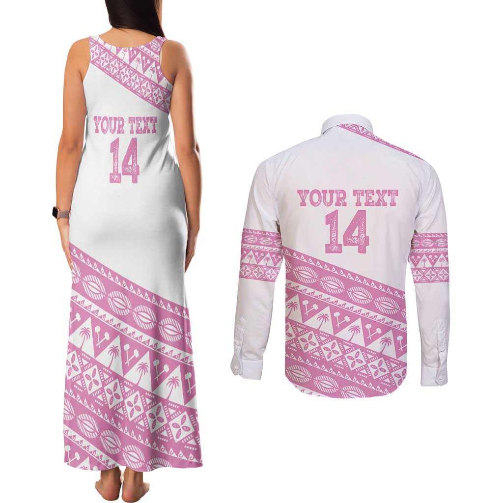 Fiji Rugby 2025 Custom Couples Matching Tank Maxi Dress and Long Sleeve Button Shirt Fijian Tapa Toso Viti Toso - Pink LT14 - Polynesian Pride