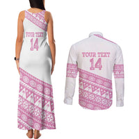 Fiji Rugby 2025 Custom Couples Matching Tank Maxi Dress and Long Sleeve Button Shirt Fijian Tapa Toso Viti Toso - Pink LT14 - Polynesian Pride