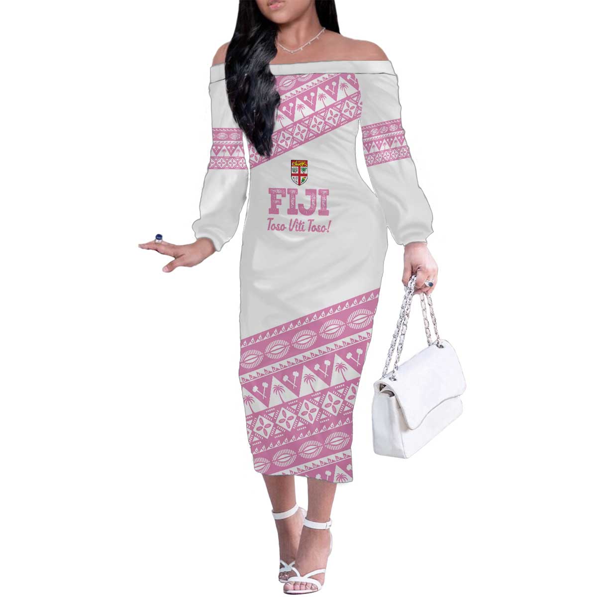 Fiji Rugby 2025 Custom Family Matching Off The Shoulder Long Sleeve Dress and Hawaiian Shirt Fijian Tapa Toso Viti Toso - Pink LT14 Mom's Dress Pink - Polynesian Pride