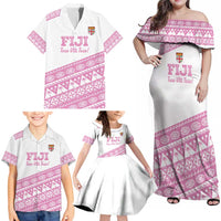 Fiji Rugby 2025 Custom Family Matching Off Shoulder Maxi Dress and Hawaiian Shirt Fijian Tapa Toso Viti Toso - Pink LT14 - Polynesian Pride
