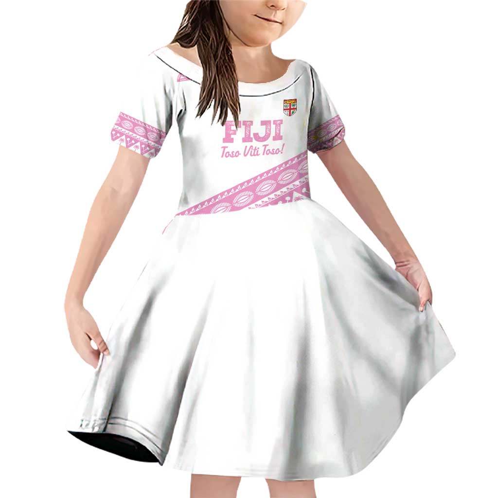 Fiji Rugby 2025 Custom Family Matching Off Shoulder Short Dress and Hawaiian Shirt Fijian Tapa Toso Viti Toso - Pink LT14 Daughter's Dress Pink - Polynesian Pride