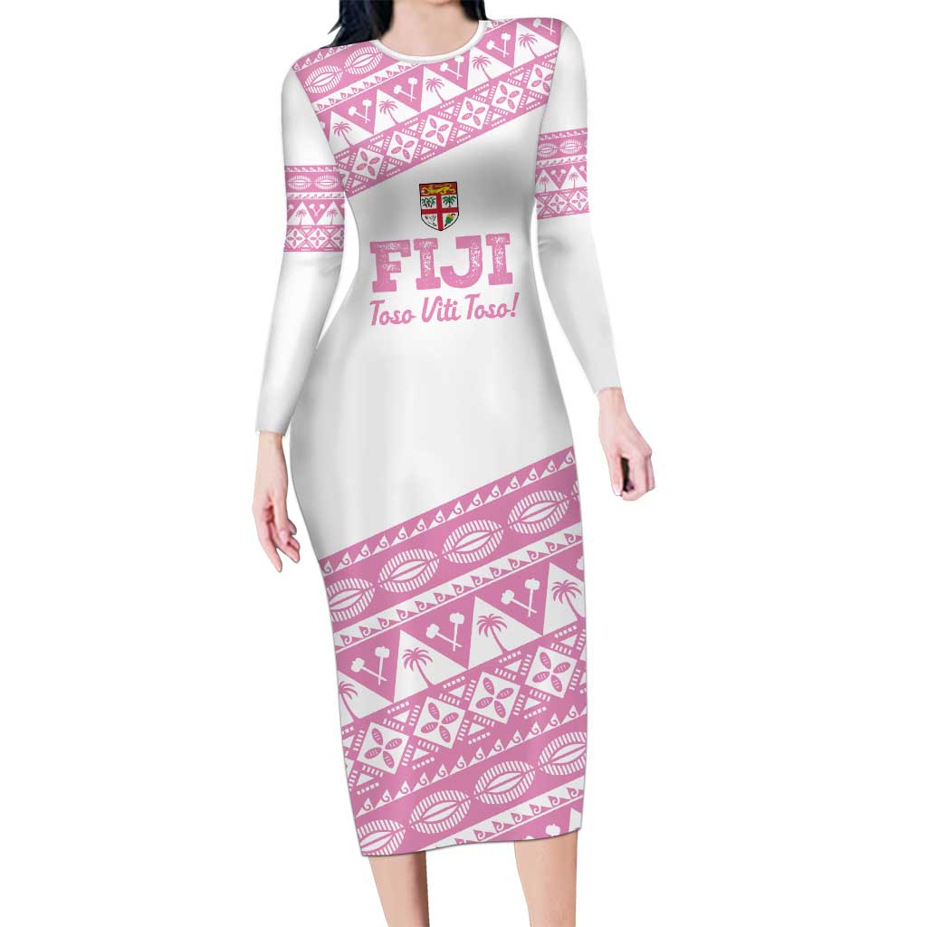 Fiji Rugby 2025 Custom Long Sleeve Bodycon Dress Fijian Tapa Toso Viti Toso - Pink LT14 Long Dress Pink - Polynesian Pride