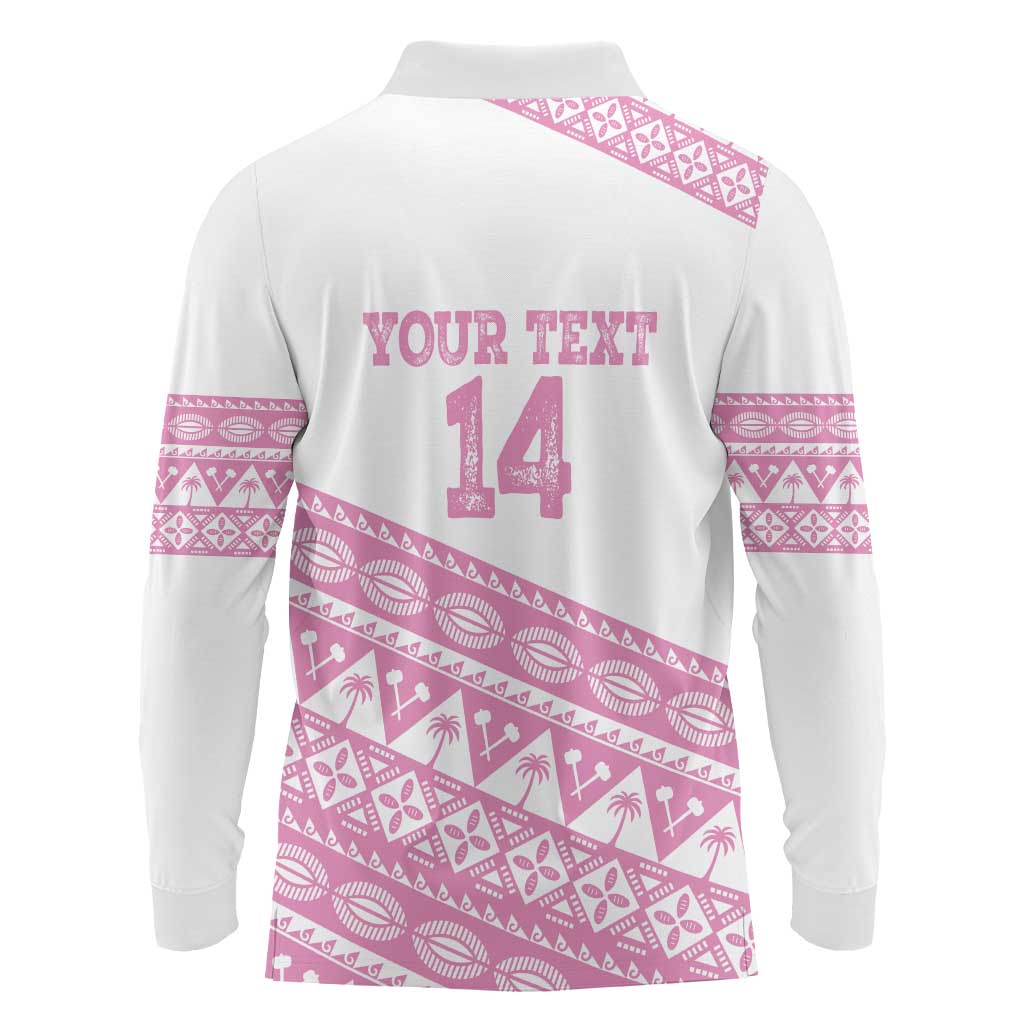Fiji Rugby 2025 Custom Long Sleeve Polo Shirt Fijian Tapa Toso Viti Toso - Pink