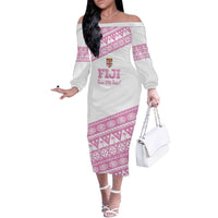 Fiji Rugby 2025 Custom Off The Shoulder Long Sleeve Dress Fijian Tapa Toso Viti Toso - Pink LT14 Women Pink - Polynesian Pride
