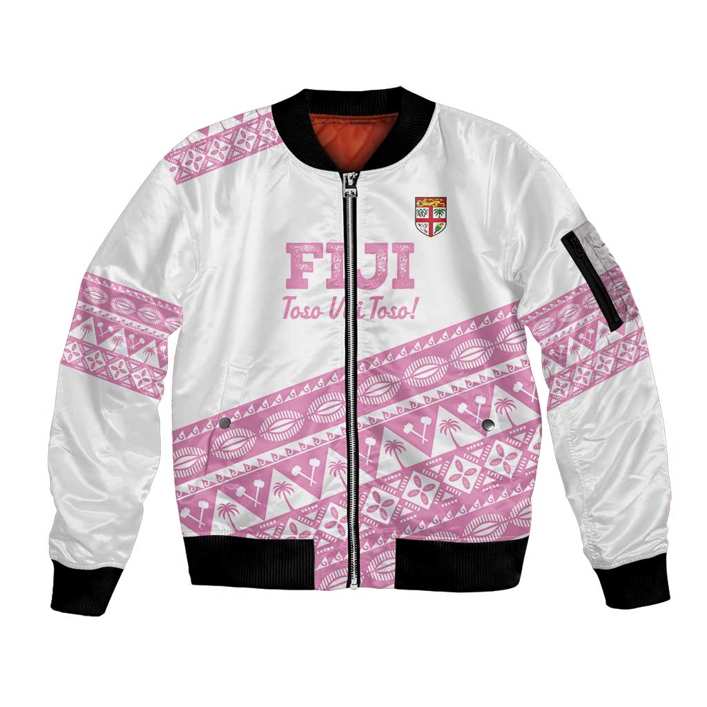 Fiji Rugby 2025 Custom Sleeve Zip Bomber Jacket Fijian Tapa Toso Viti Toso - Pink LT14 Unisex Pink - Polynesian Pride