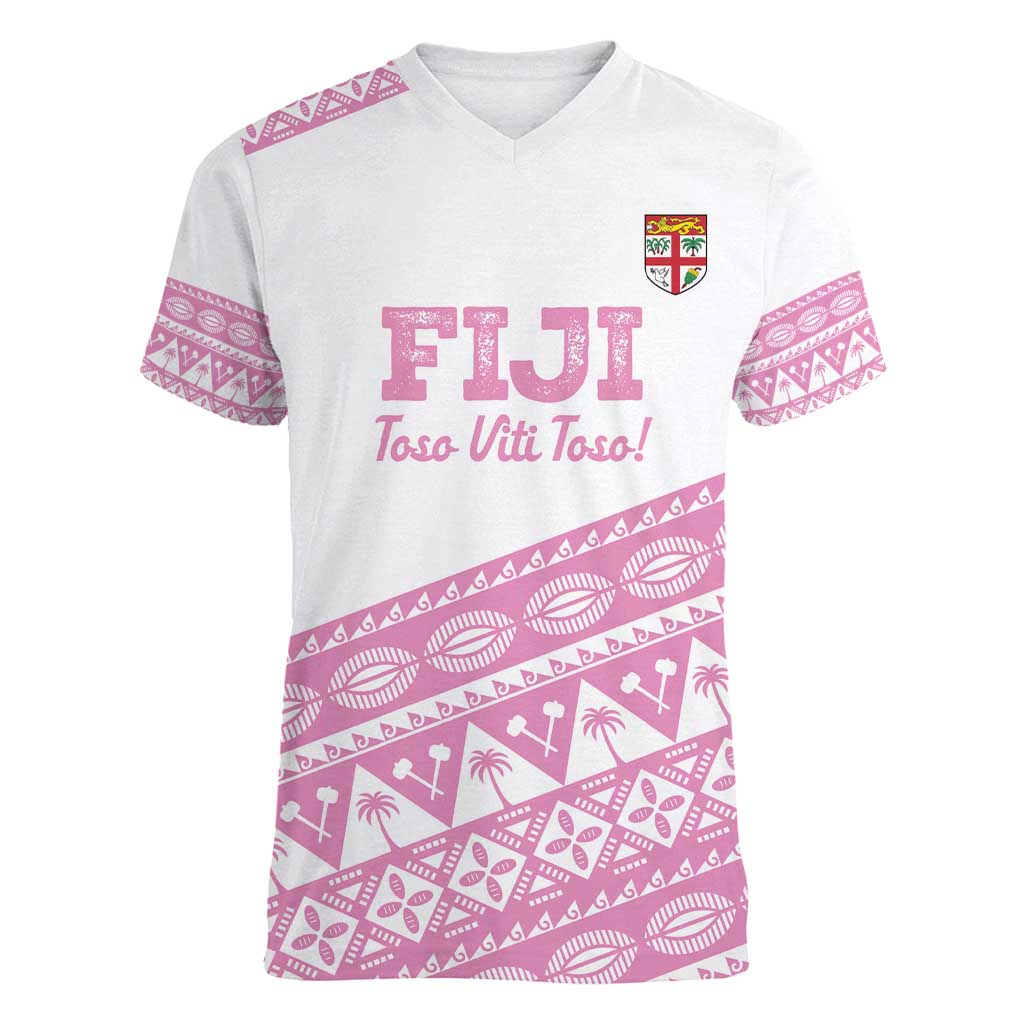 Fiji Rugby 2025 Custom Women V-Neck T-Shirt Fijian Tapa Toso Viti Toso - Pink LT14 Female Pink - Polynesian Pride