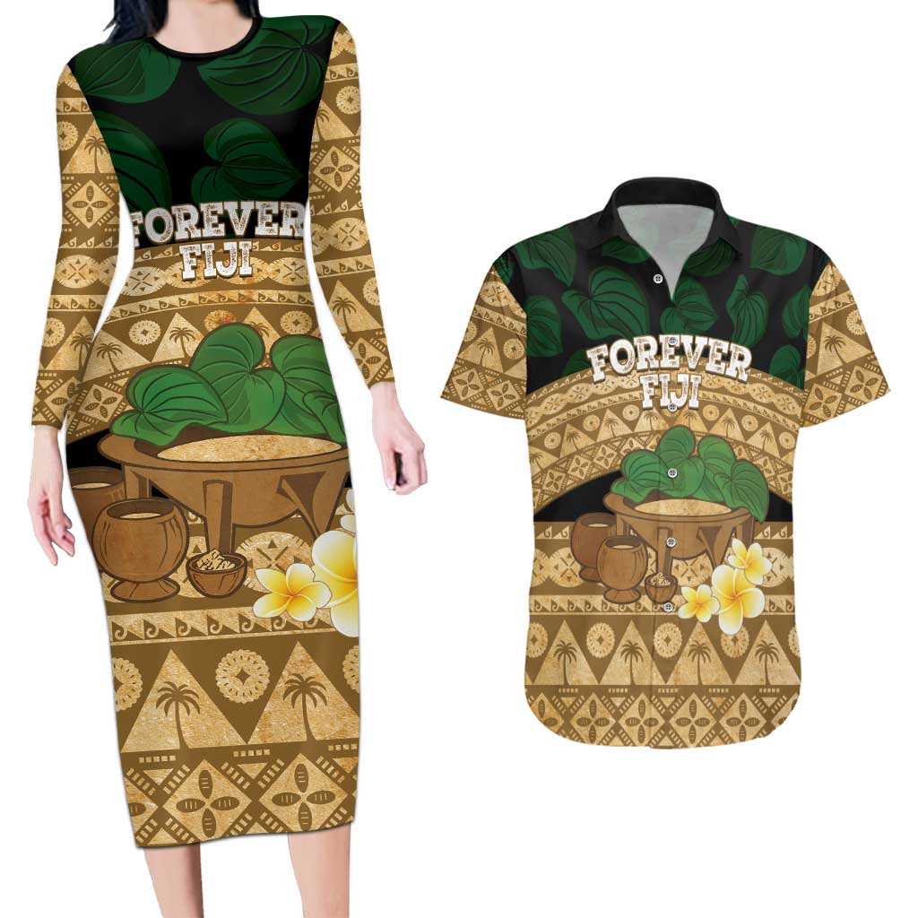 Bula Fiji Kava Bowl Couples Matching Long Sleeve Bodycon Dress and Hawaiian Shirt Fijian Tapa Cloth Vintage Vibe LT14 Brown - Polynesian Pride