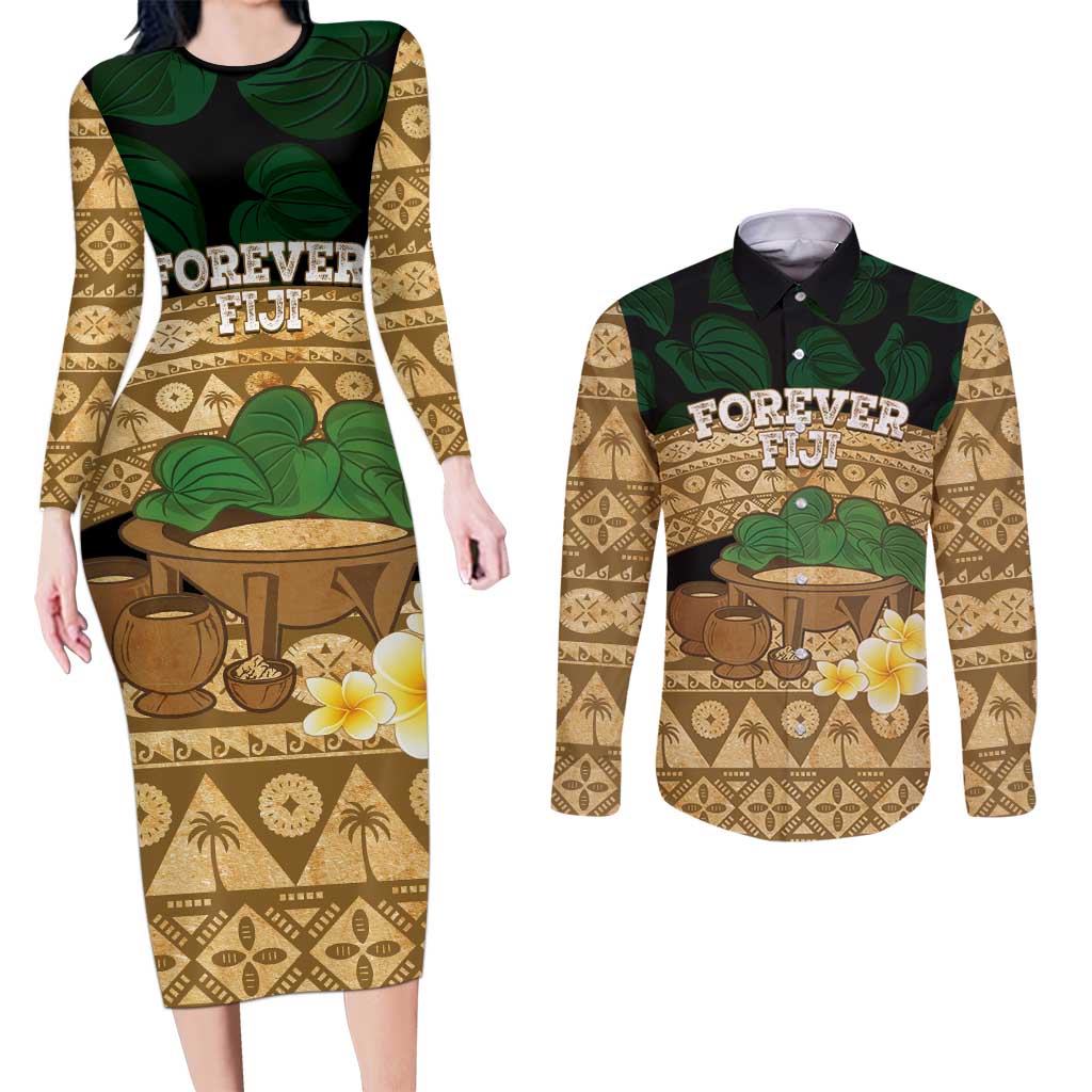 Bula Fiji Kava Bowl Couples Matching Long Sleeve Bodycon Dress and Long Sleeve Button Shirt Fijian Tapa Cloth Vintage Vibe LT14 Brown - Polynesian Pride