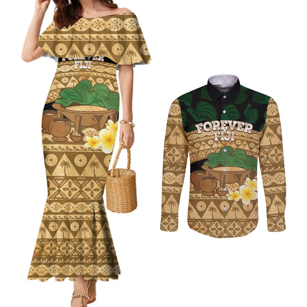 Bula Fiji Kava Bowl Couples Matching Mermaid Dress and Long Sleeve Button Shirt Fijian Tapa Cloth Vintage Vibe LT14 Brown - Polynesian Pride