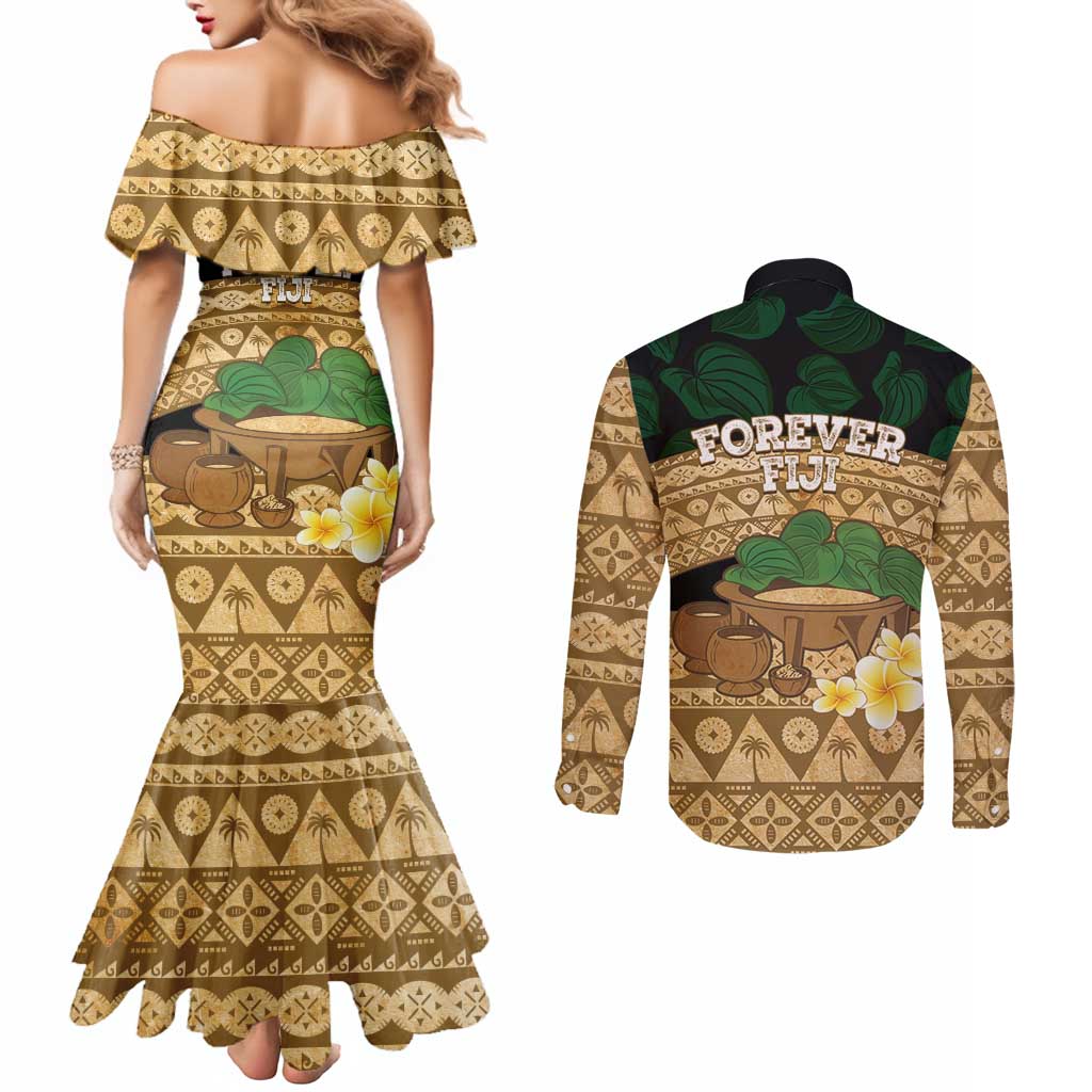 Bula Fiji Kava Bowl Couples Matching Mermaid Dress and Long Sleeve Button Shirt Fijian Tapa Cloth Vintage Vibe LT14 - Polynesian Pride