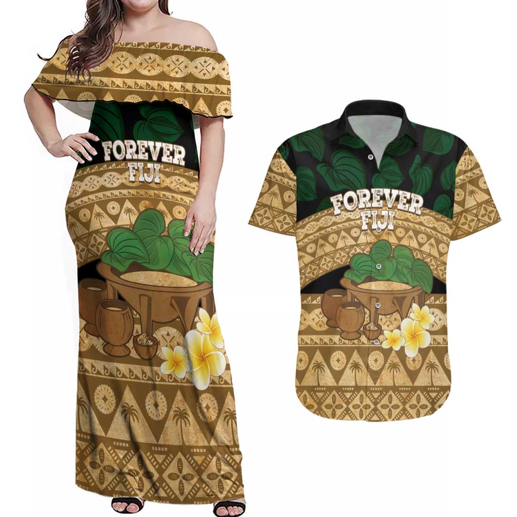Bula Fiji Kava Bowl Couples Matching Off Shoulder Maxi Dress and Hawaiian Shirt Fijian Tapa Cloth Vintage Vibe LT14 Brown - Polynesian Pride