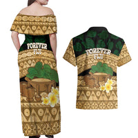 Bula Fiji Kava Bowl Couples Matching Off Shoulder Maxi Dress and Hawaiian Shirt Fijian Tapa Cloth Vintage Vibe LT14 - Polynesian Pride