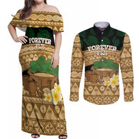 Bula Fiji Kava Bowl Couples Matching Off Shoulder Maxi Dress and Long Sleeve Button Shirt Fijian Tapa Cloth Vintage Vibe LT14 Brown - Polynesian Pride