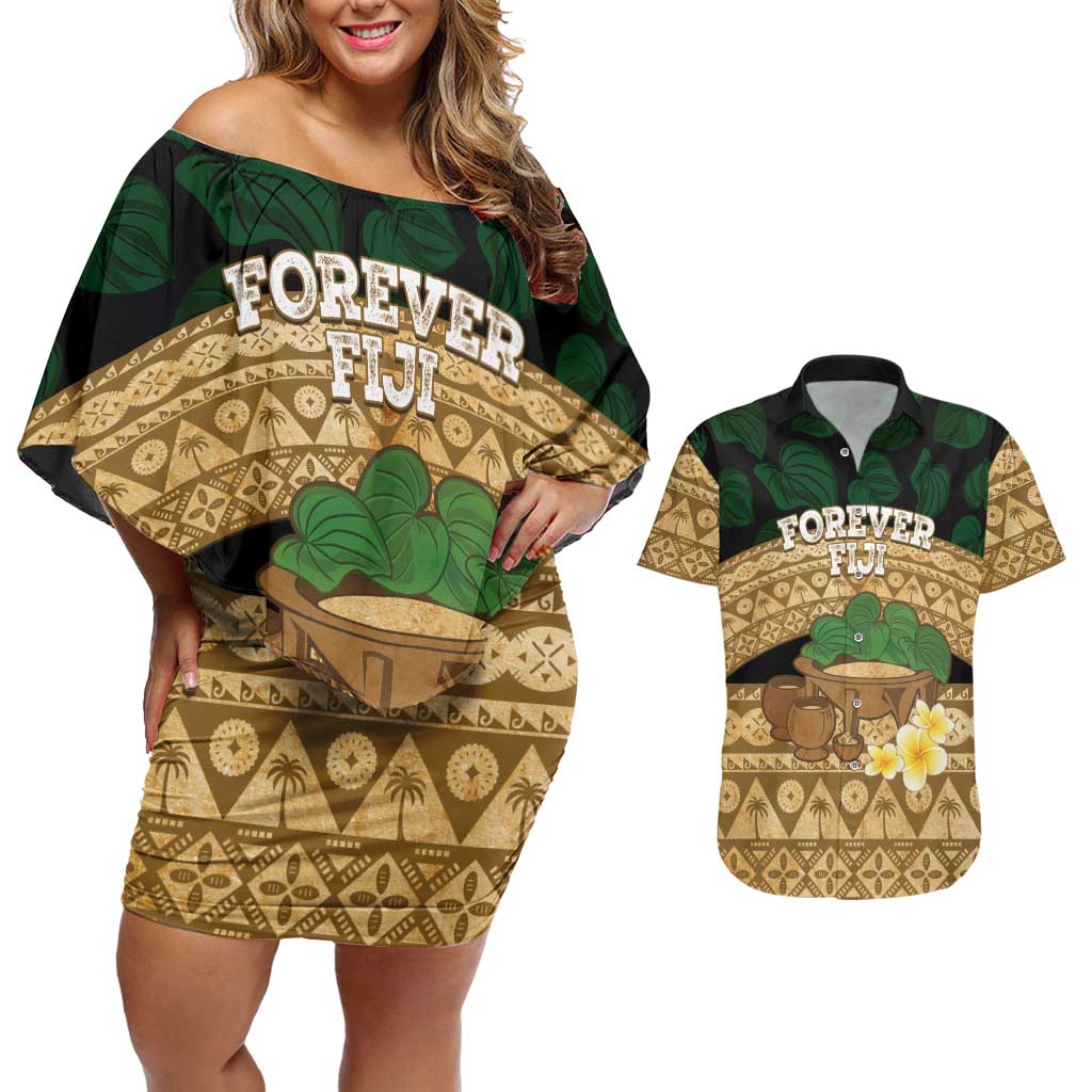 Bula Fiji Kava Bowl Couples Matching Off Shoulder Short Dress and Hawaiian Shirt Fijian Tapa Cloth Vintage Vibe LT14 Brown - Polynesian Pride