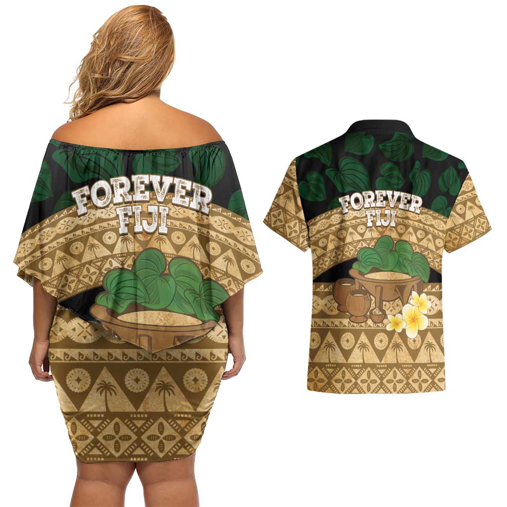 Bula Fiji Kava Bowl Couples Matching Off Shoulder Short Dress and Hawaiian Shirt Fijian Tapa Cloth Vintage Vibe LT14 - Polynesian Pride