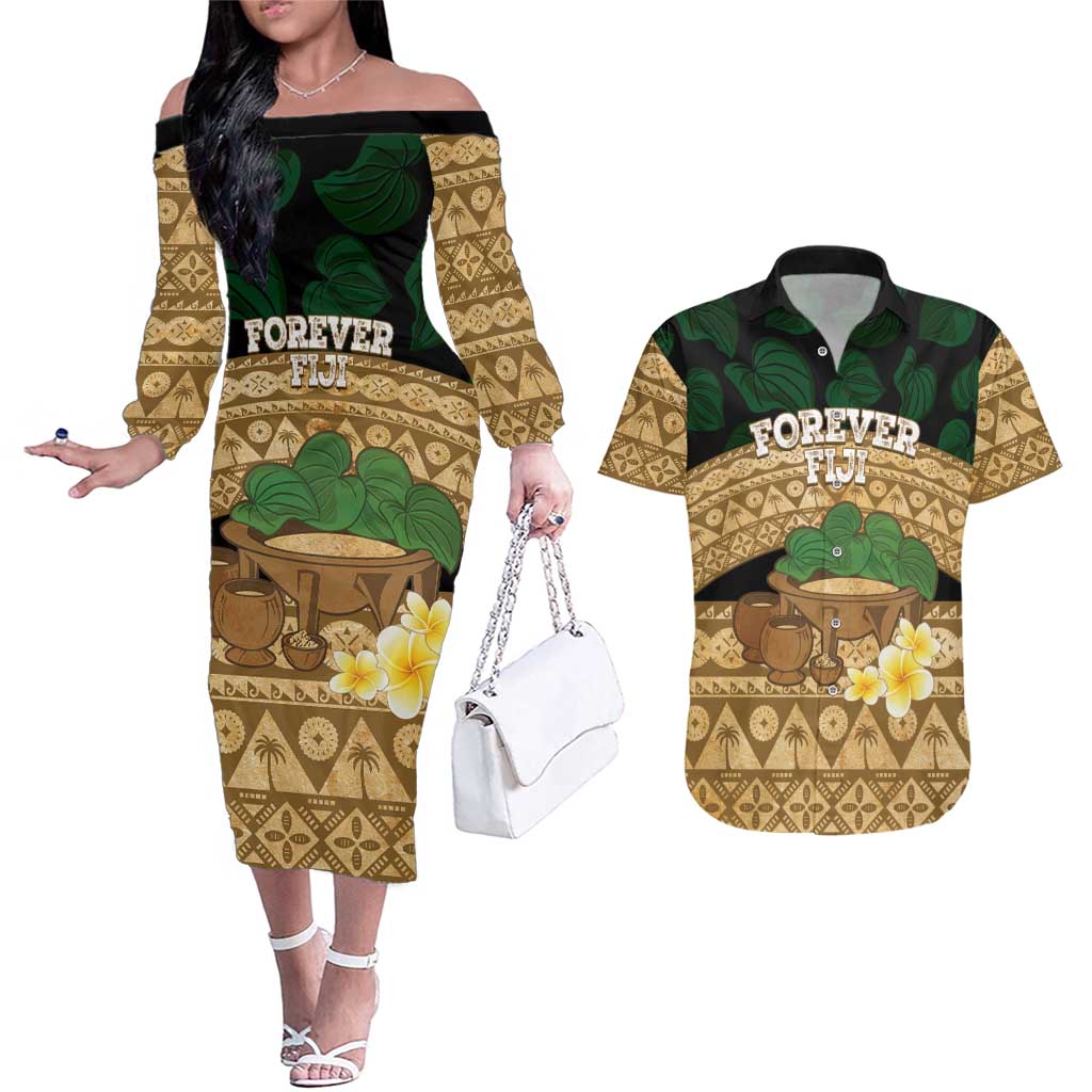 Bula Fiji Kava Bowl Couples Matching Off The Shoulder Long Sleeve Dress and Hawaiian Shirt Fijian Tapa Cloth Vintage Vibe LT14 Brown - Polynesian Pride