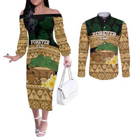Bula Fiji Kava Bowl Couples Matching Off The Shoulder Long Sleeve Dress and Long Sleeve Button Shirt Fijian Tapa Cloth Vintage Vibe LT14 Brown - Polynesian Pride