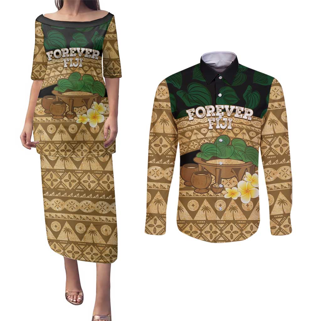 Bula Fiji Kava Bowl Couples Matching Puletasi and Long Sleeve Button Shirt Fijian Tapa Cloth Vintage Vibe