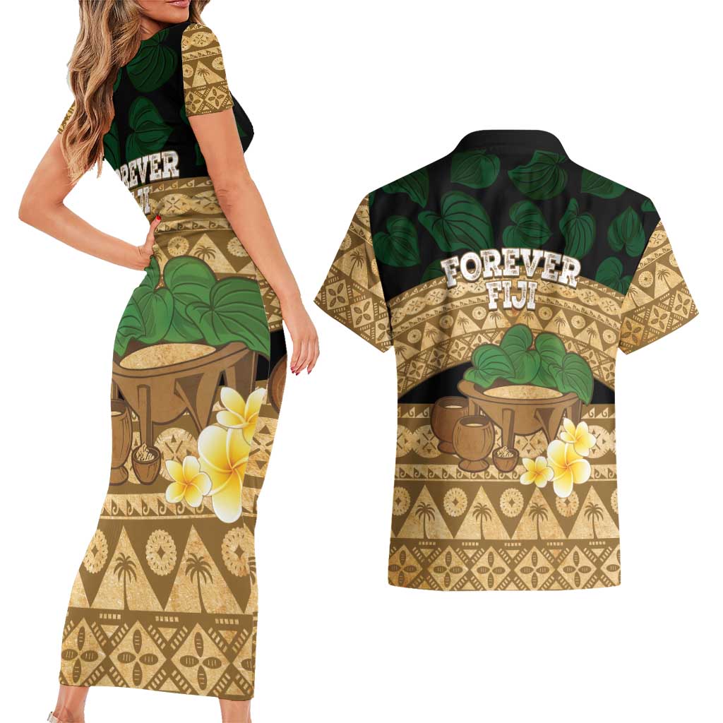 Bula Fiji Kava Bowl Couples Matching Short Sleeve Bodycon Dress and Hawaiian Shirt Fijian Tapa Cloth Vintage Vibe LT14 - Polynesian Pride