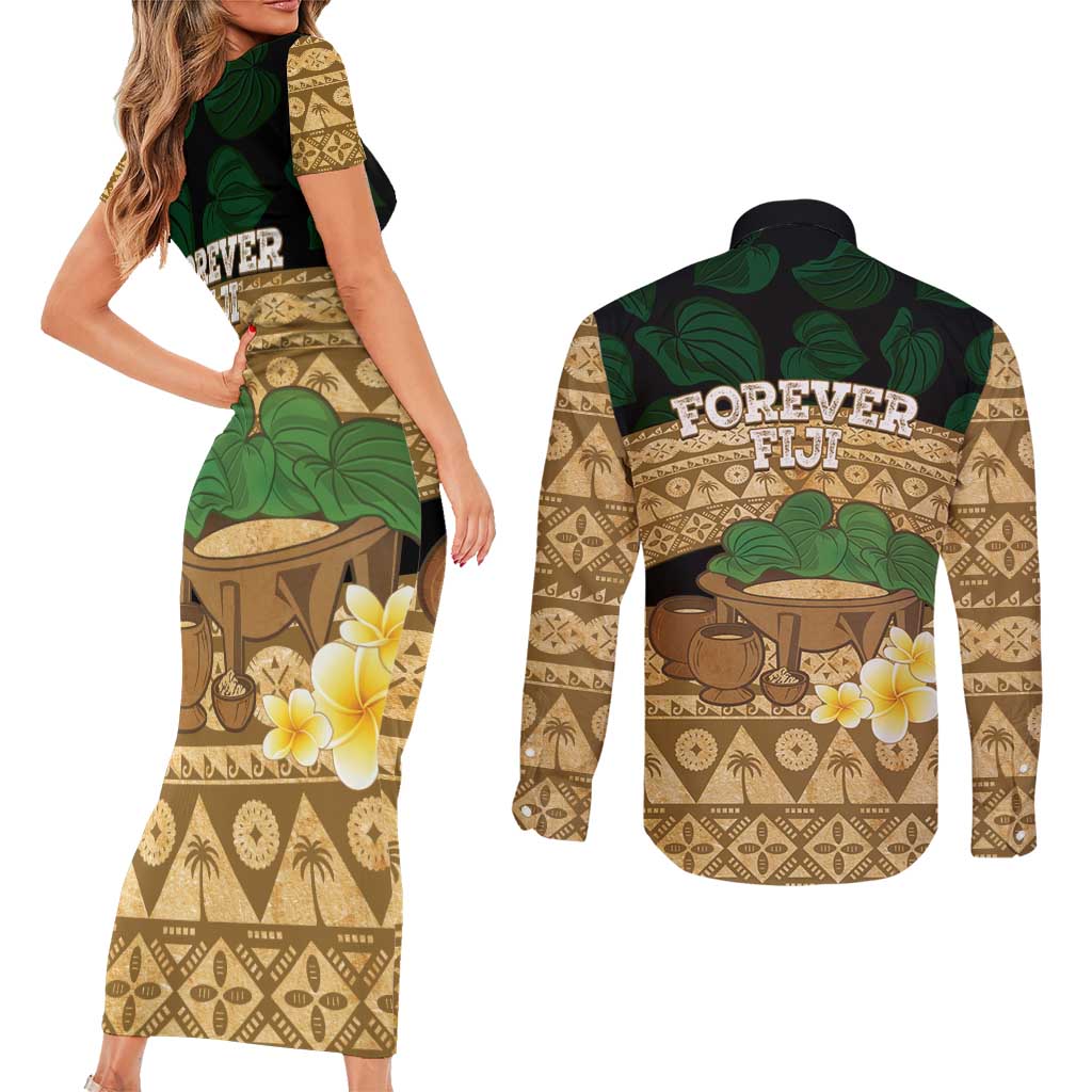 Bula Fiji Kava Bowl Couples Matching Short Sleeve Bodycon Dress and Long Sleeve Button Shirt Fijian Tapa Cloth Vintage Vibe LT14 - Polynesian Pride