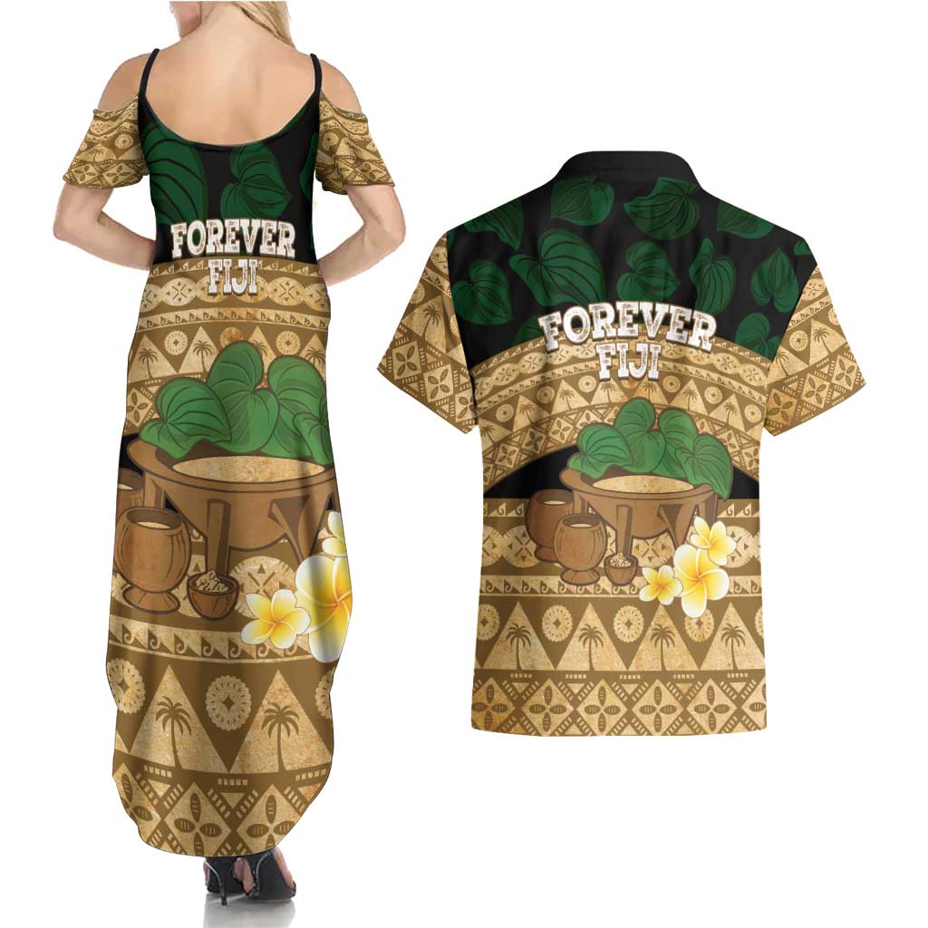 Bula Fiji Kava Bowl Couples Matching Summer Maxi Dress and Hawaiian Shirt Fijian Tapa Cloth Vintage Vibe LT14 - Polynesian Pride