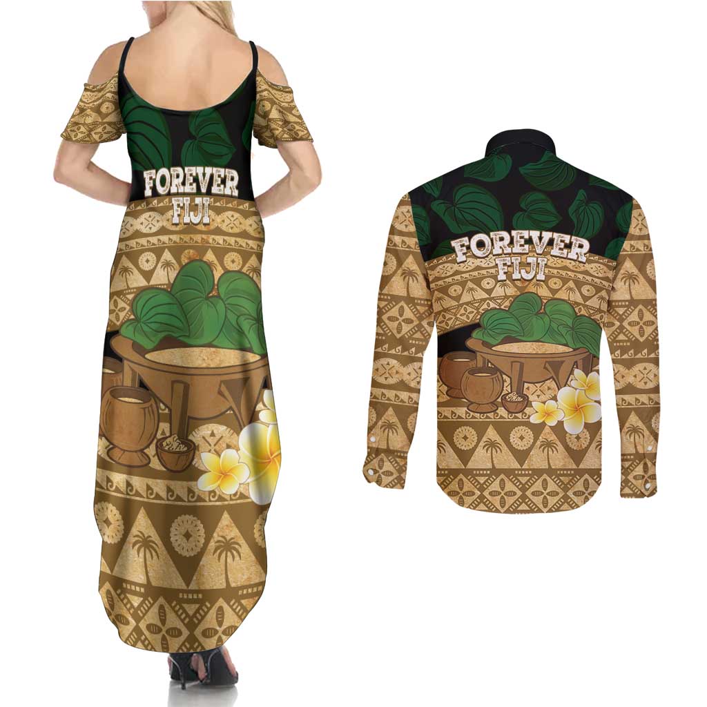 Bula Fiji Kava Bowl Couples Matching Summer Maxi Dress and Long Sleeve Button Shirt Fijian Tapa Cloth Vintage Vibe LT14 - Polynesian Pride