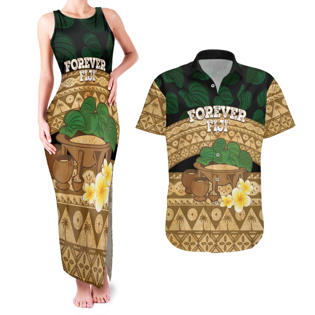 Bula Fiji Kava Bowl Couples Matching Tank Maxi Dress and Hawaiian Shirt Fijian Tapa Cloth Vintage Vibe LT14 Brown - Polynesian Pride