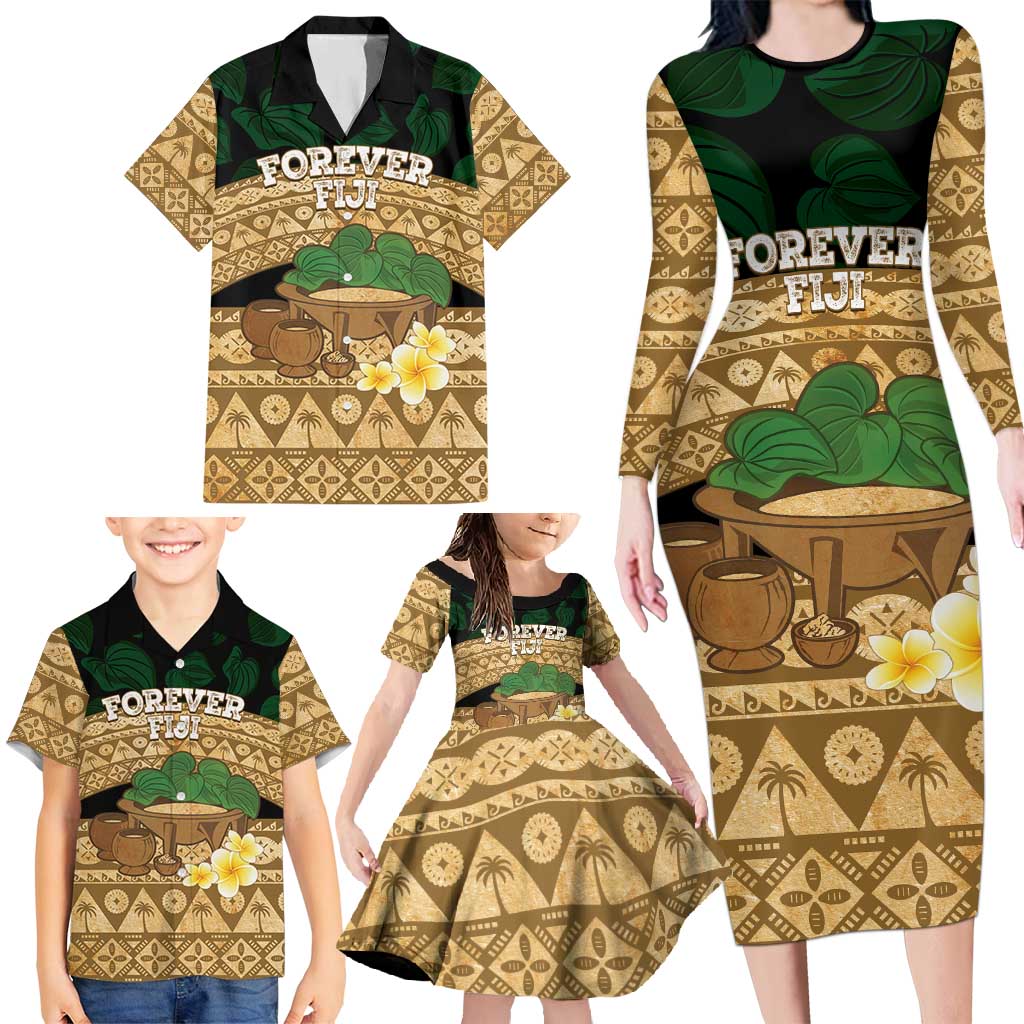 Bula Fiji Kava Bowl Family Matching Long Sleeve Bodycon Dress and Hawaiian Shirt Fijian Tapa Cloth Vintage Vibe LT14 - Polynesian Pride