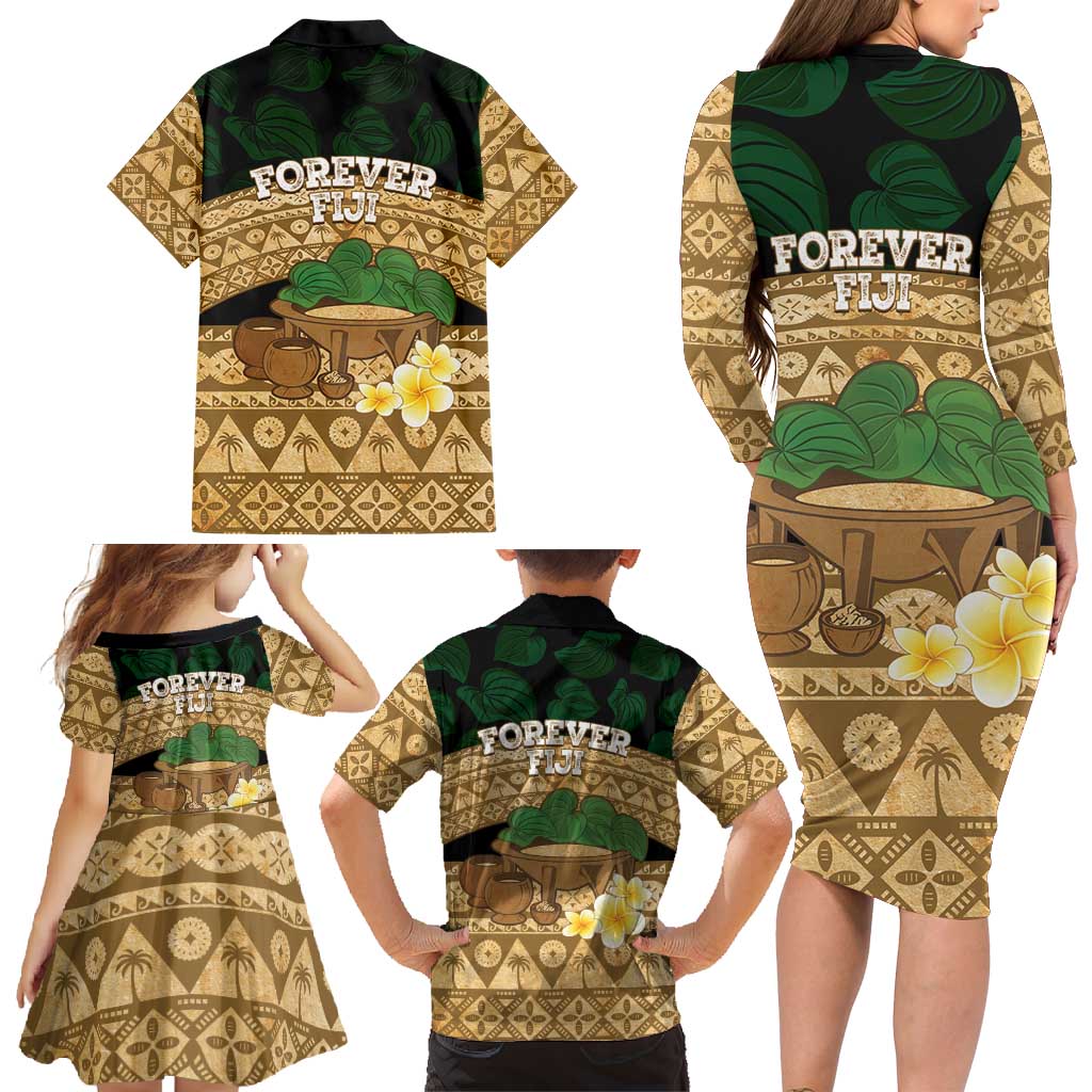 Bula Fiji Kava Bowl Family Matching Long Sleeve Bodycon Dress and Hawaiian Shirt Fijian Tapa Cloth Vintage Vibe LT14 - Polynesian Pride