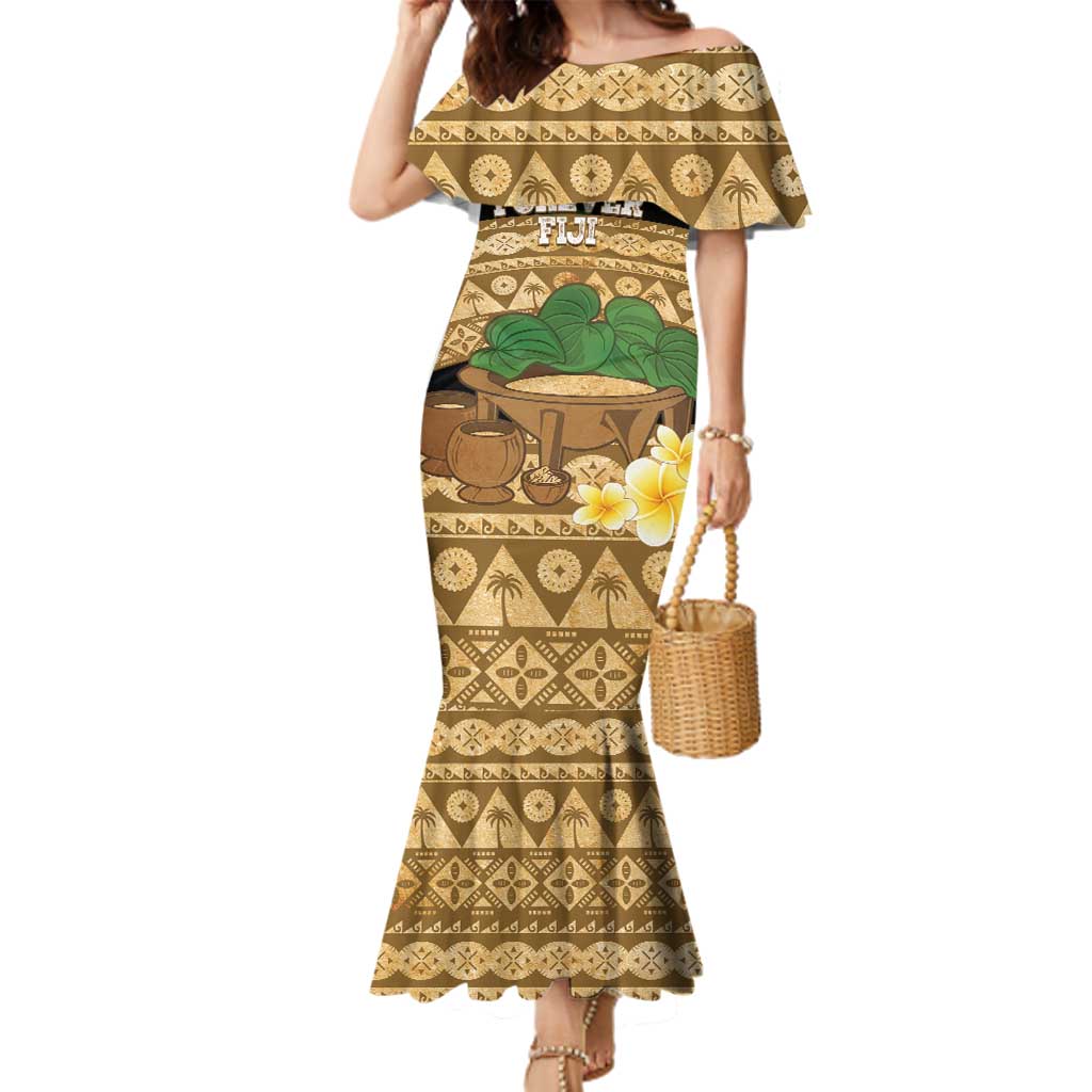 Bula Fiji Kava Bowl Family Matching Mermaid Dress and Hawaiian Shirt Fijian Tapa Cloth Vintage Vibe LT14 Mom's Dress Brown - Polynesian Pride
