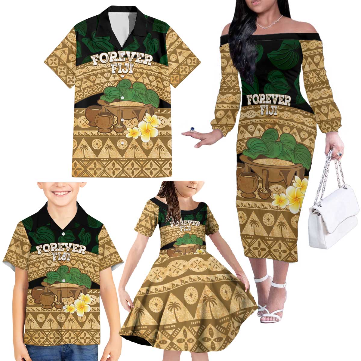 Bula Fiji Kava Bowl Family Matching Off The Shoulder Long Sleeve Dress and Hawaiian Shirt Fijian Tapa Cloth Vintage Vibe LT14 - Polynesian Pride