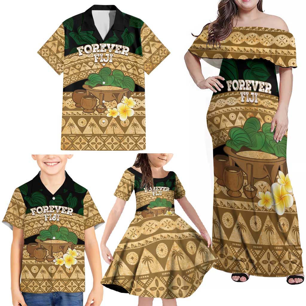 Bula Fiji Kava Bowl Family Matching Off Shoulder Maxi Dress and Hawaiian Shirt Fijian Tapa Cloth Vintage Vibe LT14 - Polynesian Pride