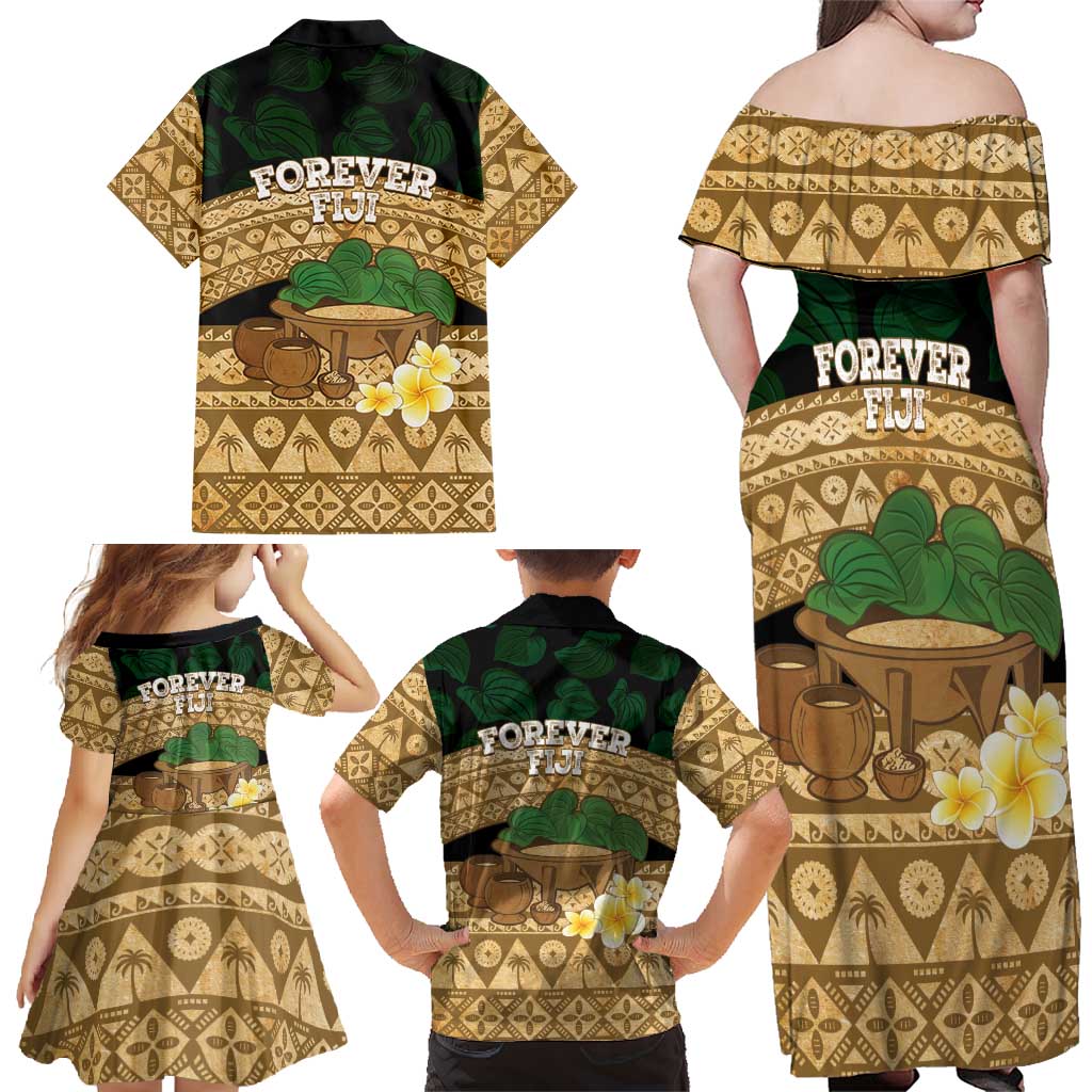 Bula Fiji Kava Bowl Family Matching Off Shoulder Maxi Dress and Hawaiian Shirt Fijian Tapa Cloth Vintage Vibe LT14 - Polynesian Pride