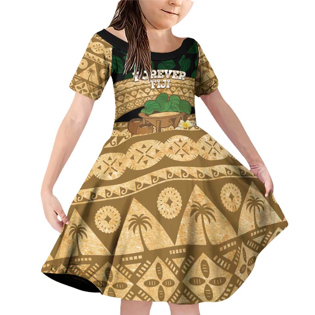 Bula Fiji Kava Bowl Family Matching Off Shoulder Short Dress and Hawaiian Shirt Fijian Tapa Cloth Vintage Vibe LT14 Daughter's Dress Brown - Polynesian Pride