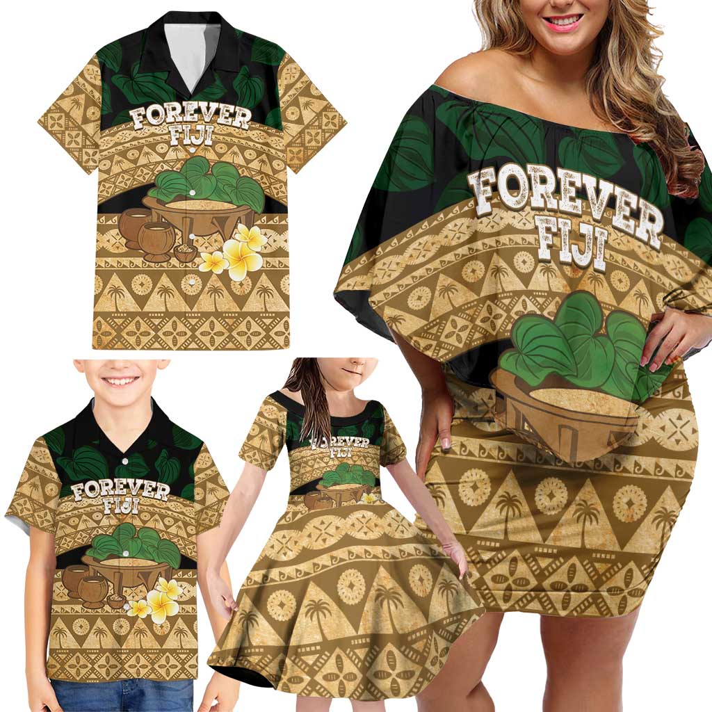 Bula Fiji Kava Bowl Family Matching Off Shoulder Short Dress and Hawaiian Shirt Fijian Tapa Cloth Vintage Vibe LT14 - Polynesian Pride