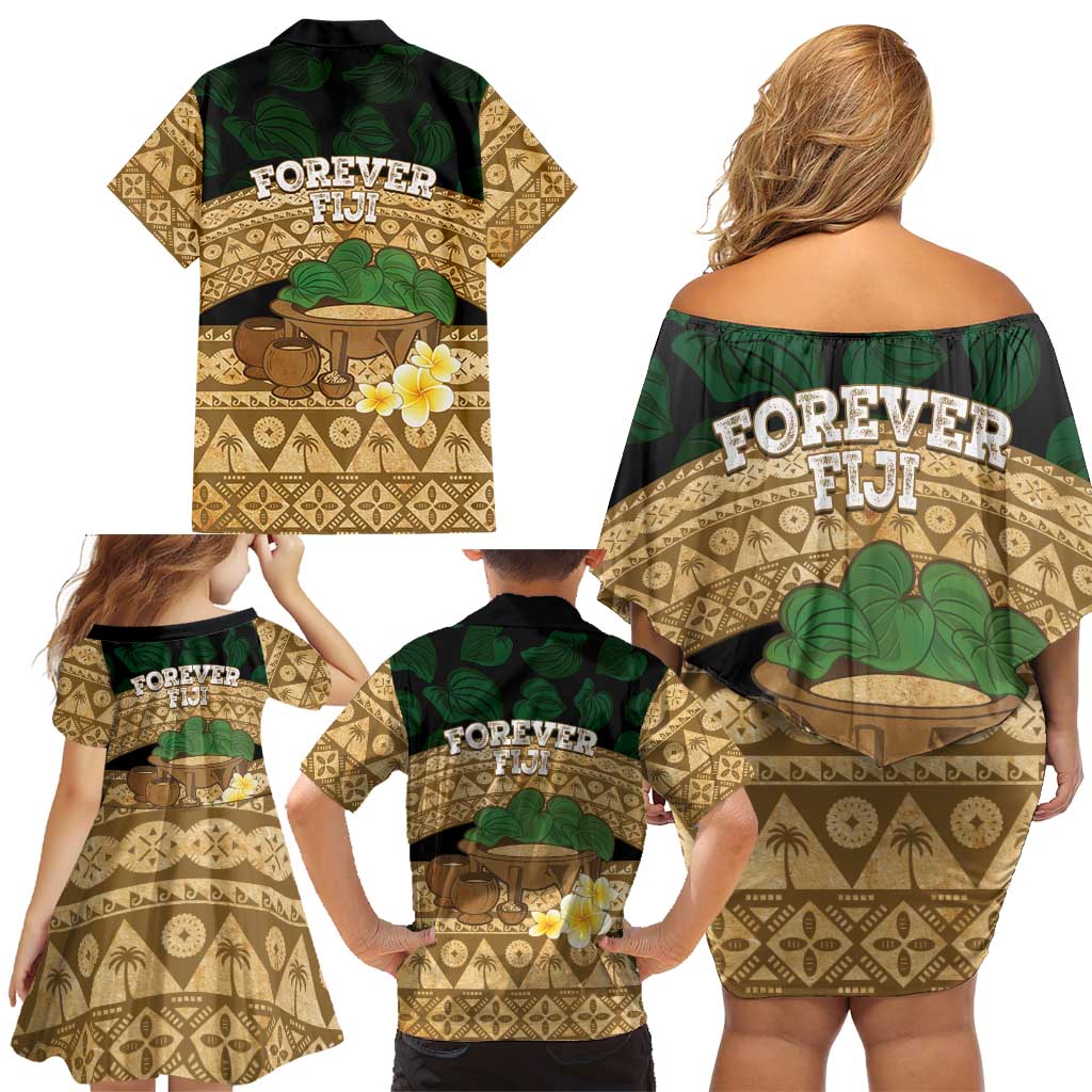 Bula Fiji Kava Bowl Family Matching Off Shoulder Short Dress and Hawaiian Shirt Fijian Tapa Cloth Vintage Vibe LT14 - Polynesian Pride