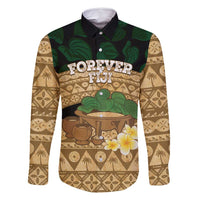 Bula Fiji Kava Bowl Family Matching Off Shoulder Short Dress and Hawaiian Shirt Fijian Tapa Cloth Vintage Vibe LT14 Dad's Shirt - Long Sleeve Brown - Polynesian Pride