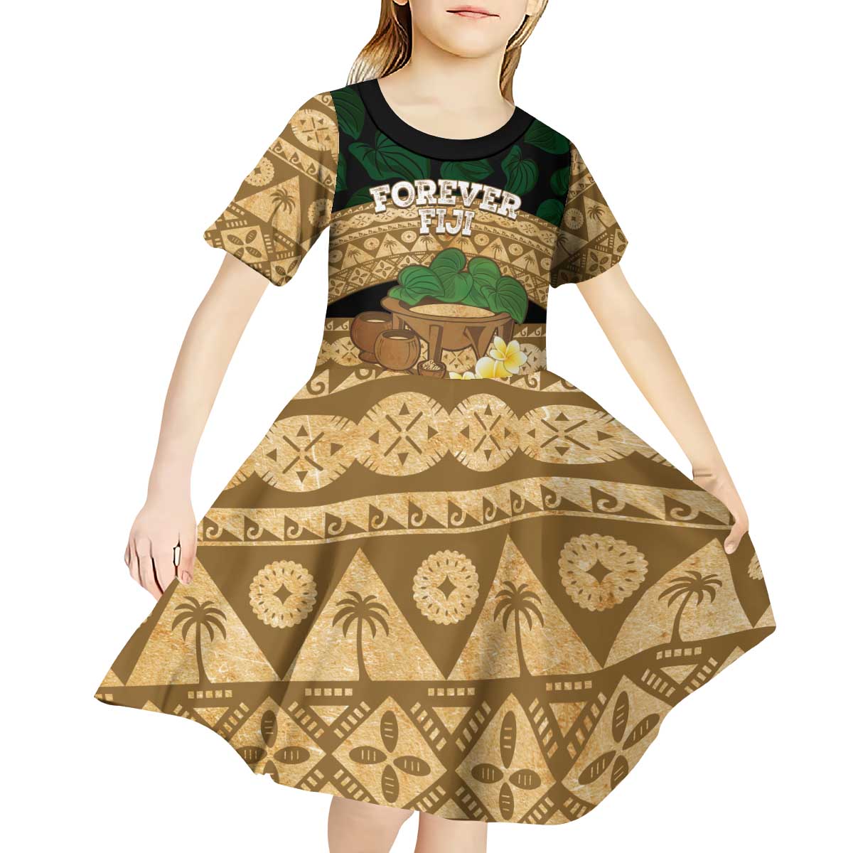 Bula Fiji Kava Bowl Kid Short Sleeve Dress Fijian Tapa Cloth Vintage Vibe LT14 - Polynesian Pride